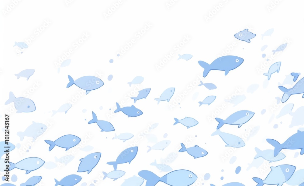 Obraz premium Minimalistic Flat Illustration of a School of Fish Swimming in the Ocean: Soft Blue Tones with Silver Ice Crystals on White Background