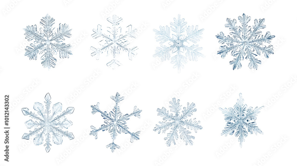 Set of diverse snowflakes isolated on white background, detailed macro photography of real snow crystals showcasing intricate patterns and unique shapes, winter nature close-up. Set of diverse snowflakes isolated on white background, detailed macro photography of real snow crystals showcasing intricate patterns and unique shapes, winter nature close-up.