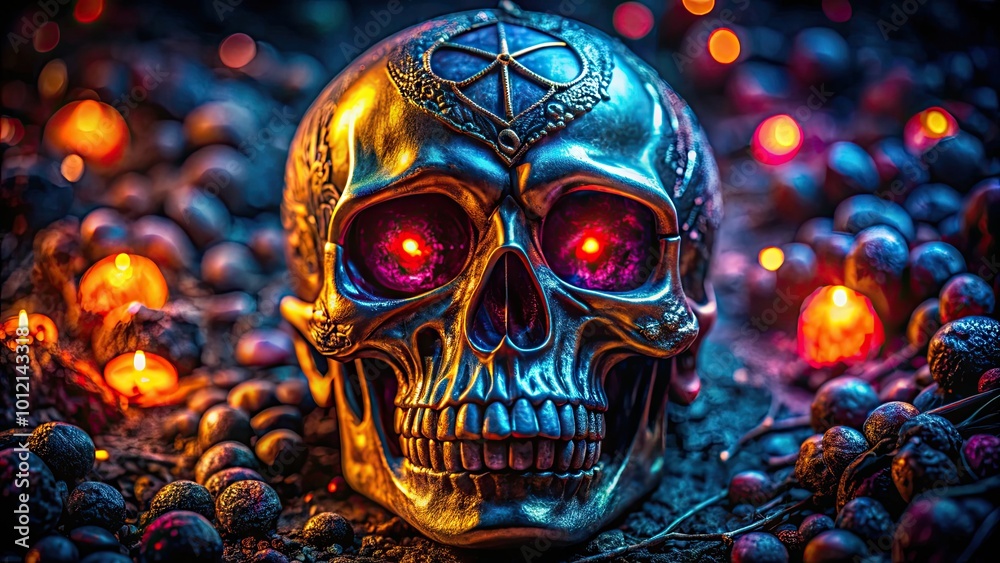 Eerie Spooky Skull with Glowing Eyes Surrounded by Dark Shadows for Halloween and Gothic Themes Eerie Spooky Skull with Glowing Eyes Surrounded by Dark Shadows for Halloween and Gothic Themes