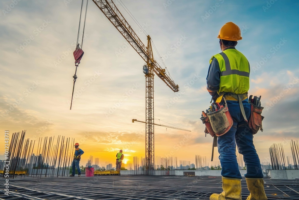 Bricklayer standing looking at the crane and construction team while working Bricklayer standing looking at the crane and construction team while working