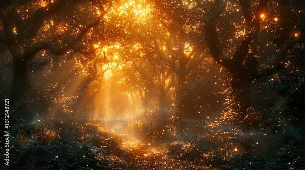 Enchanted Forest Path with Golden Sunlight Enchanted Forest Path with Golden Sunlight