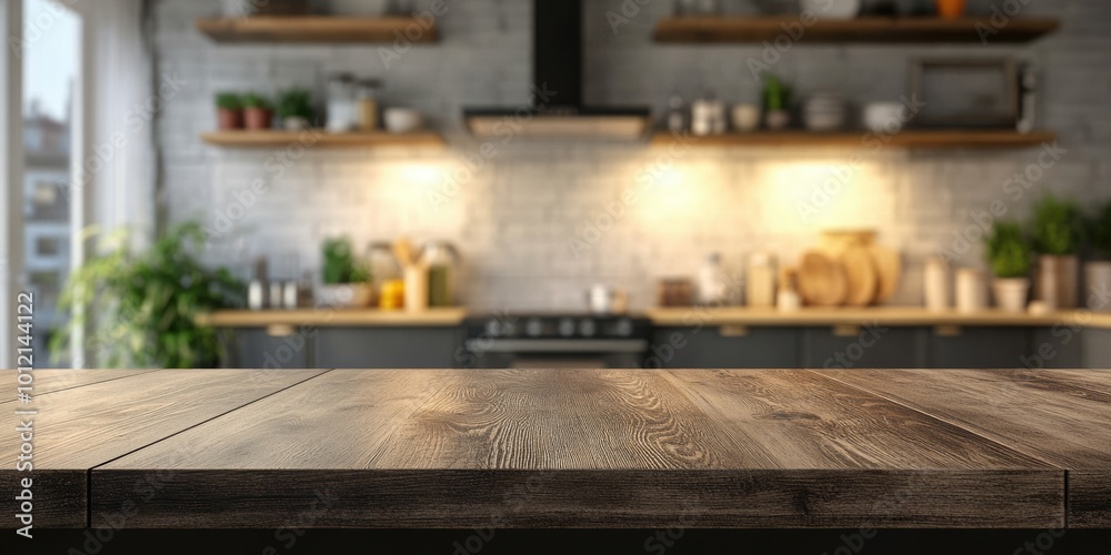 Contemporary Kitchen Interior Design with Wooden Tabletop in Blur Kitchen Room Background Contemporary Kitchen Interior Design with Wooden Tabletop in Blur Kitchen Room Background