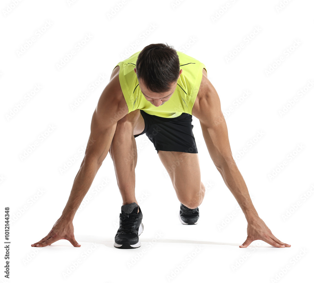 Sportsman in starting position for run on white background Sportsman in starting position for run on white background