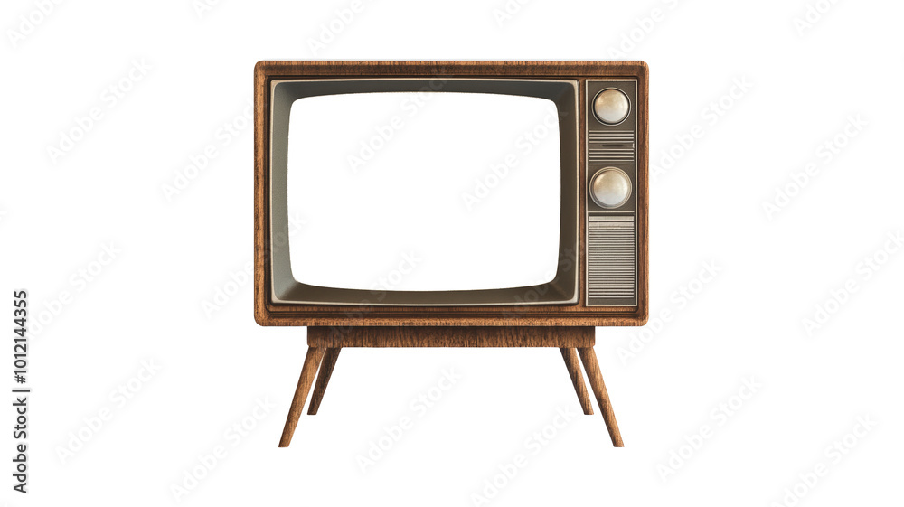 Vintage mid-century wooden television set with empty screen, retro design classic from the 1960s, isolated on white background, iconic home entertainment technology from the past.