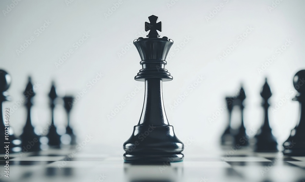 Black chess king standing ahead of white pawns on white background. Strategy and competition concept. Generative AI
