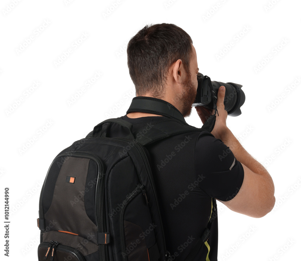 Photographer with backpack and camera taking picture on white background, back view Photographer with backpack and camera taking picture on white background, back view