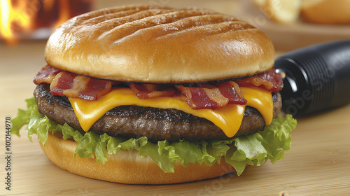 Juicy Burger with Lettuce, Tomato, and Bacon photo