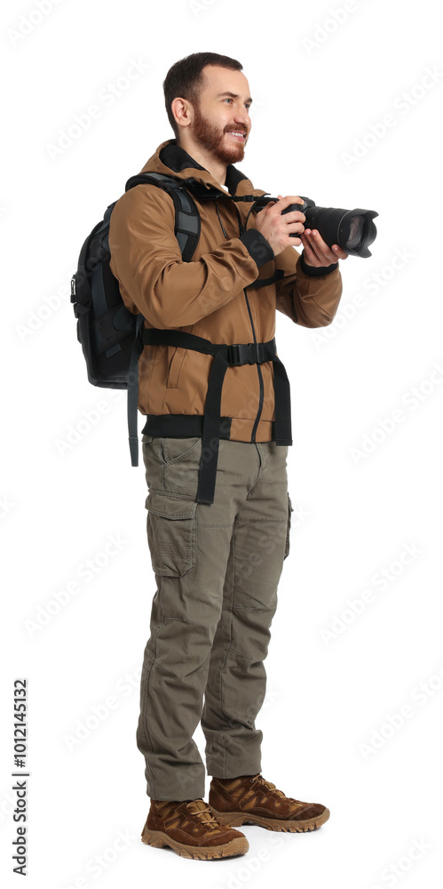 Photographer with backpack and camera on white background Photographer with backpack and camera on white background