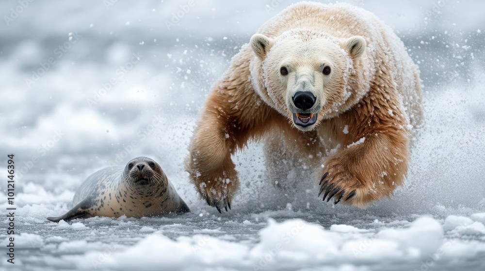 A polar bear rushes through icy waters next to a seal, capturing a blend of curiosity and natural tension amid a stark, icy wilderness, embodying survival instincts. A polar bear rushes through icy waters next to a seal, capturing a blend of curiosity and natural tension amid a stark, icy wilderness, embodying survival instincts.