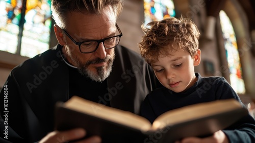 A priest shares a moment with a young boy, teaching him to read from a book, highlighting tradition, education, and spiritual guidance within a church setting.