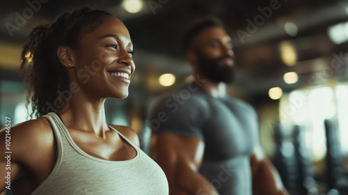 A young woman smiles confidently while exercising at the gym, conveying a sense of motivation and vitality. The setting reflects a healthy lifestyle and discipline.