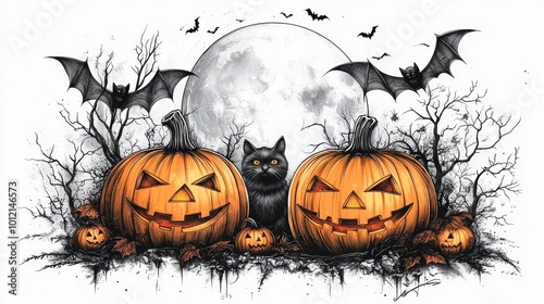 Halloween illustration with black cat, pumpkins, and bats 