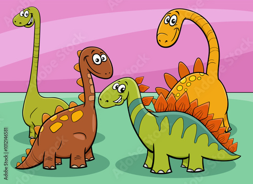 cartoon dinosaurs in love during meteorite fall disaster