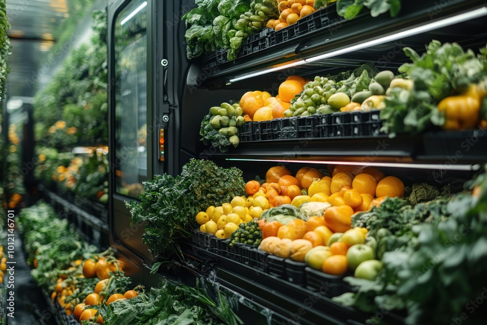 A supermarket aisle stocked with fresh fruits and vegetables, showcasing a wide variety of produce. A supermarket aisle stocked with fresh fruits and vegetables, showcasing a wide variety of produce.