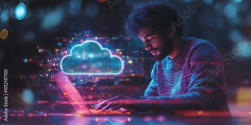 Man typing on laptop, cloud service hologram and files backup and sync, Generative AI