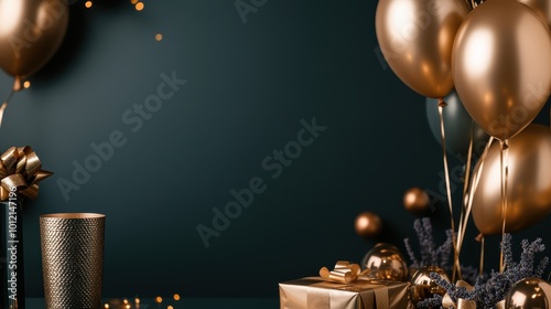 A sophisticated scene showing golden balloons, a charming gift box, and festive decor elements against a dark background, evoking a sense of celebration. photo