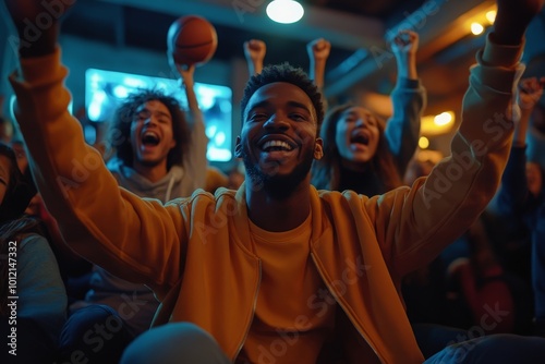 Group of sports fans watching basketball match at home on TV and cheering, Generative AI