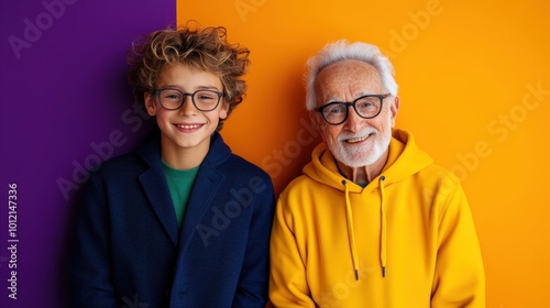 An elder and a young person in colorful attire pose against a vivid, contrasting wall, showcasing the bond and harmony between distinct generations in a fun setting.