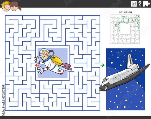 maze activity with cartoon astronaut and space shuttle