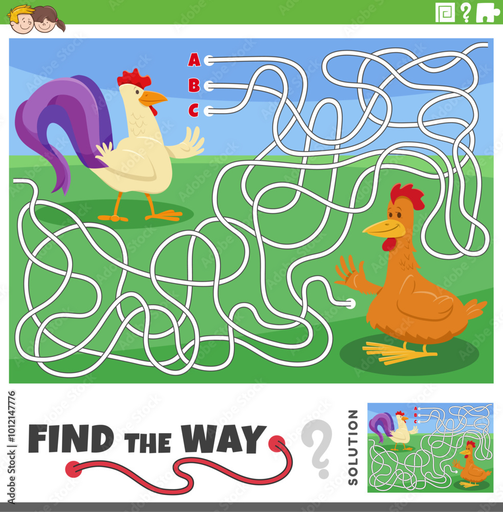 maze activity game with cartoon hen and rooster farm animal characters