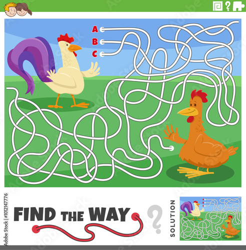 Obraz na płótnie maze activity game with cartoon hen and rooster farm animal characters w salonie