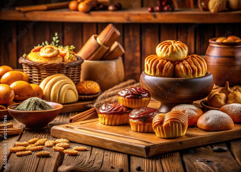 Fototapeta premium Elegant and Inviting Khong Guan Bakery Products Display on a Rustic Wooden Table with Natural Lighting