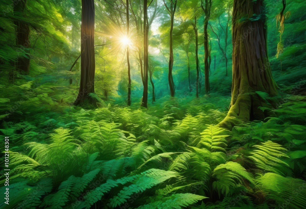 Fototapeta premium majestic forest landscape featuring lush sun drenched dappled light creating serene natural scene, scenery, greenery, foliage, sunlight, leaves, trees