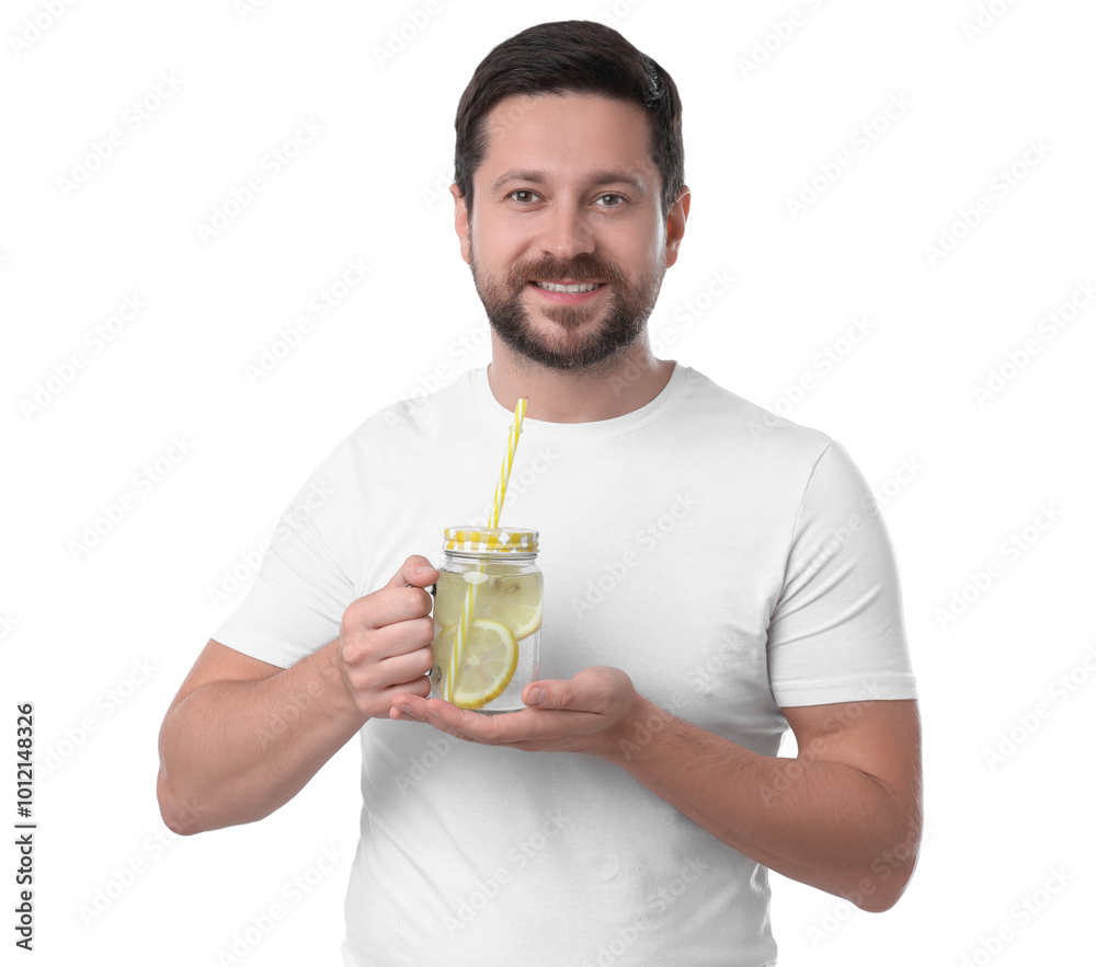 Happy man holding mason jar of water with lemon on white background Happy man holding mason jar of water with lemon on white background