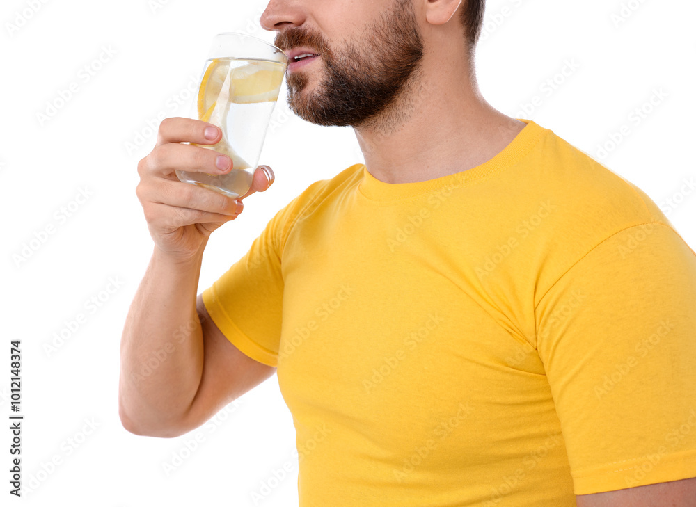 Man drinking water with lemon on white background, closeup Man drinking water with lemon on white background, closeup