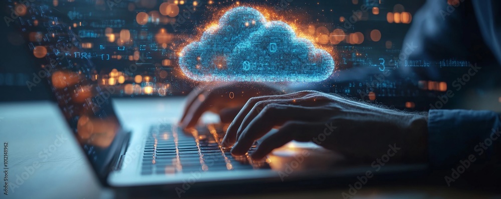 Man typing on laptop, cloud service hologram and devices sync, Generative AI Man typing on laptop, cloud service hologram and devices sync, Generative AI