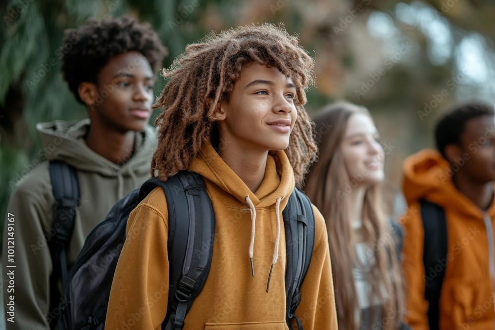 Row of multicultural youngsters in casualwear walking down street and talking to each other while coming home from school, Generative AI Row of multicultural youngsters in casualwear walking down street and talking to each other while coming home from school, Generative AI