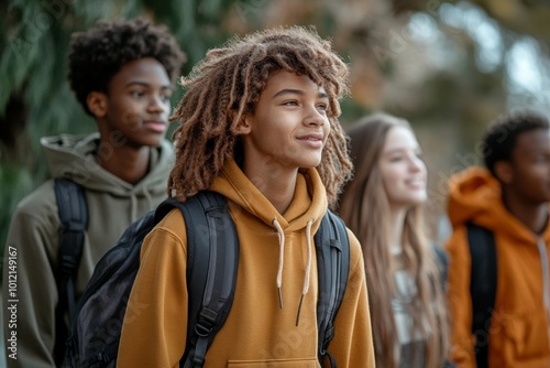 Row of multicultural youngsters in casualwear walking down street and talking to each other while coming home from school, Generative AI