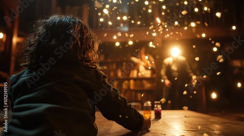 A curious child watches as an alchemist performs a magical experiment, surrounded by sparkling lights in a dimly lit lab, evoking wonder, curiosity, and imagination.