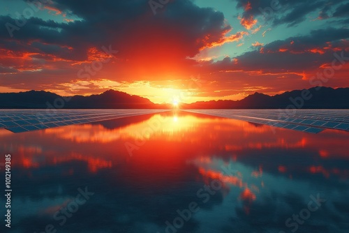 A fiery sunset over a vast expanse of water, reflecting the vibrant colors of the sky. The water's surface is undisturbed, creating a mirror-like effect that doubles the beauty of the scene.