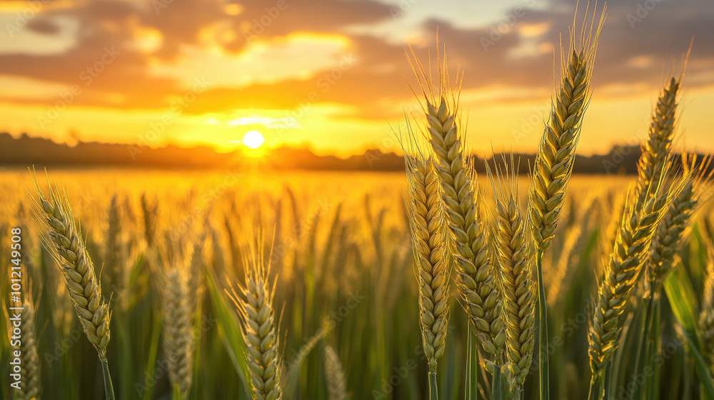 Golden wheat field shining under sunset light Golden wheat field shining under sunset light