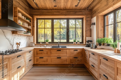 Wooden home kitchen interior with cooking cabinet and panoramic window, Generative AI