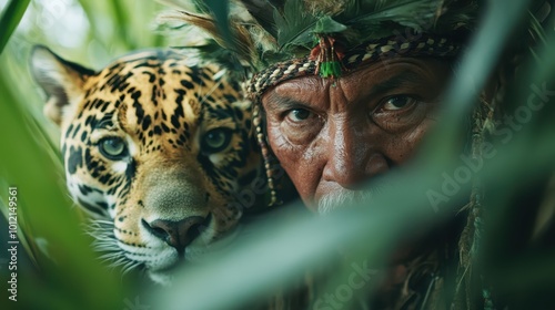 An evocative image of an elder man and jaguar sharing a moment within dense jungle surroundings, highlighting a serene bond and the timeless unity with nature. photo