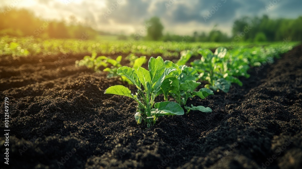 Close-up of young green plants growing in rich dark soil in a field with sunlight shining from behind. Close-up of young green plants growing in rich dark soil in a field with sunlight shining from behind.