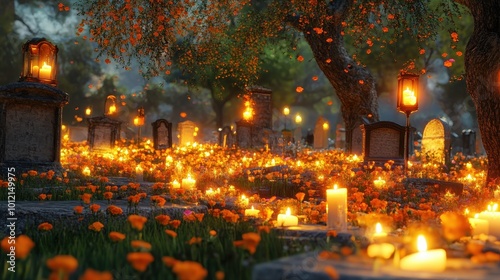 Enchanting Graveyard at Night with Flickering Candles and Autumn Foliage