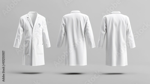 A floating white lab coat displayed from three angles against a neutral background.