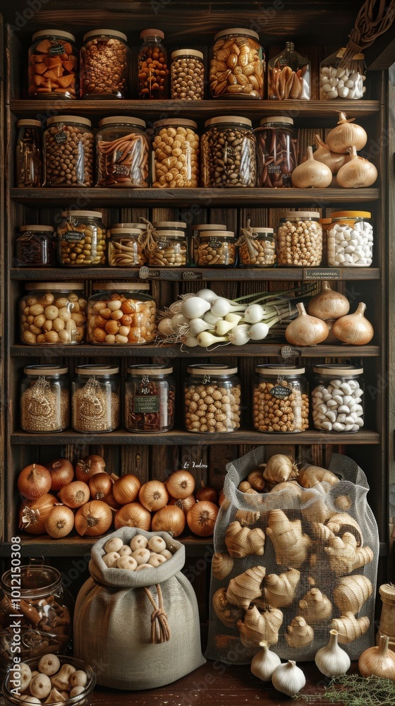Assorted preserves and fresh produce in a rustic pantry Assorted preserves and fresh produce in a rustic pantry