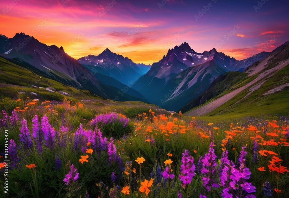 Fototapeta premium majestic mountain landscapes bathed sunset glow vibrant skies silhouetted peaks creating stunning natural scene, colors, sky, scenery, horizon, outdoors