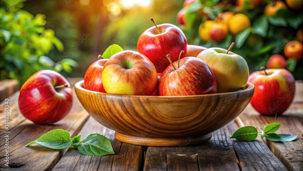 Elegant Apple Bowl Set Displayed on Wooden Table with Fresh Fruits and Natural Lighting Background Elegant Apple Bowl Set Displayed on Wooden Table with Fresh Fruits and Natural Lighting Background