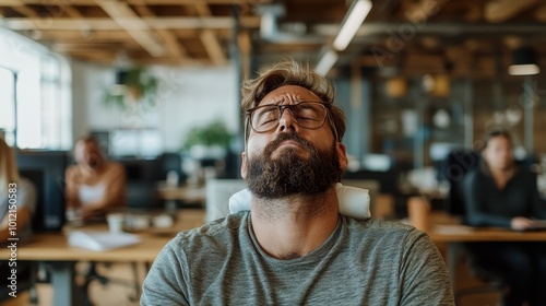 A tired office worker leans back using a neck pillow for a moment of rest in a busy open-plan office, illustrating the blend of comfort and labor demands.