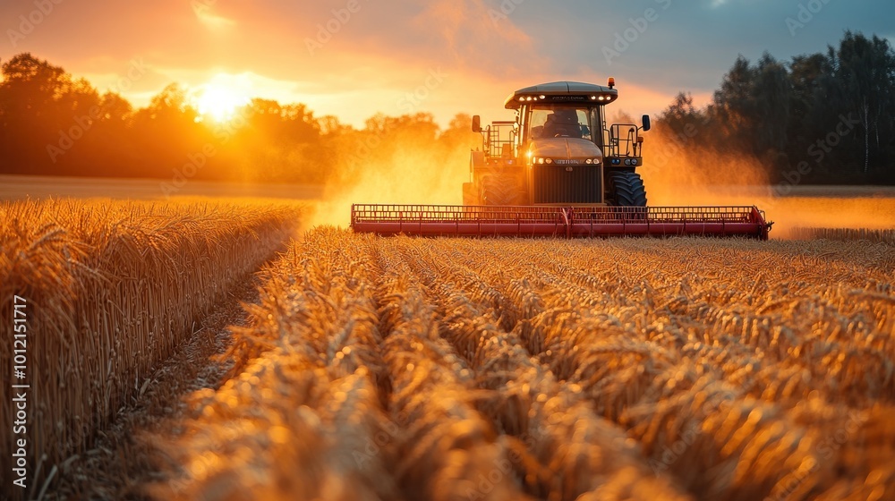 Fototapeta premium A tractor harvests wheat in a field at sunset. The tractor is moving from left to right, leaving a trail of dust behind it. The sun is setting in the background, casting a warm glow over the scene.