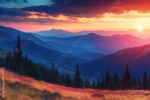 Majestic Mountain Sunset: Breathtaking View of Scenic Highland Valley