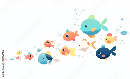 Cute Small Fish Swimming on White Background: Simple Ion Style Illustration in Pastel Tones for a Fresh and Whimsical Look