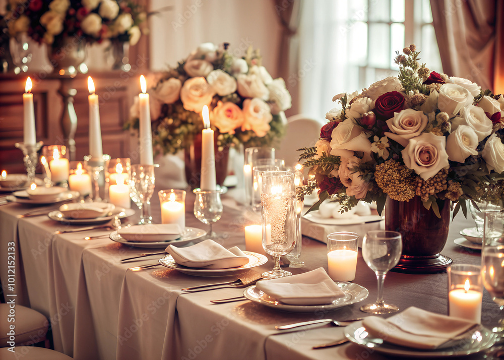 Festive wedding table, décor for the celebration. An elegant table with a white tablecloth, luxurious bouquets of roses, candles and cutlery. Wedding table set for fine dining Festive wedding table, décor for the celebration. An elegant table with a white tablecloth, luxurious bouquets of roses, candles and cutlery. Wedding table set for fine dining