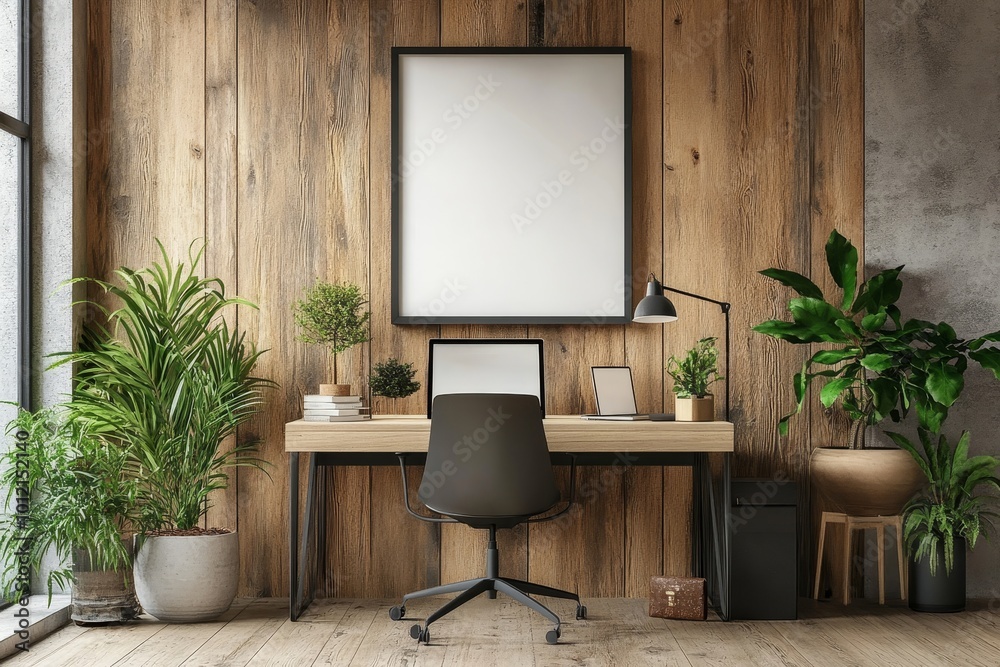 Fototapeta premium Modern home office with blank picture frame on wooden wall, minimalist design, light interior, concept of workspace aesthetics. 3D rendering, Generative AI