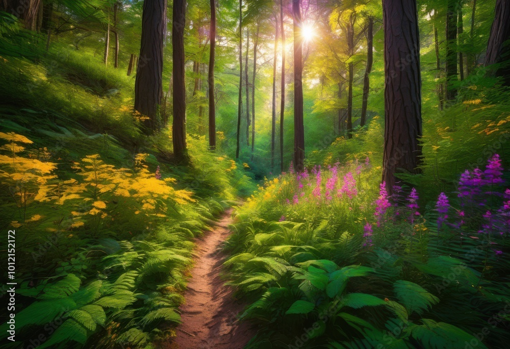 lush vibrant forest landscape illuminated warm soft sunlight paving serene path through abundant greenery, adventure, area, outdoor, biodiversity lush vibrant forest landscape illuminated warm soft sunlight paving serene path through abundant greenery, adventure, area, outdoor, biodiversity